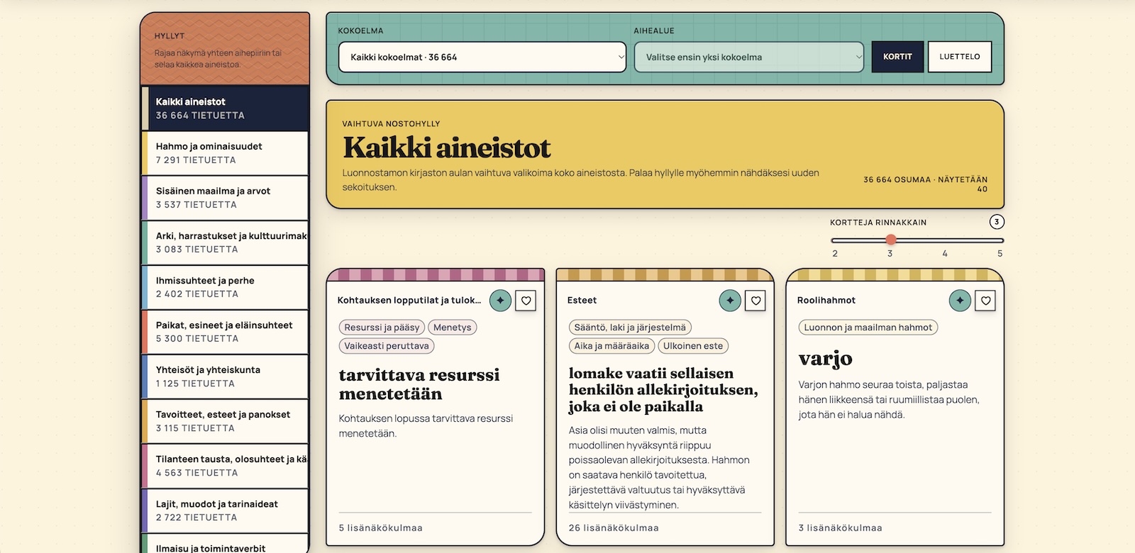 Luonnostamon kirjaston aineistojen selausnäkymä
