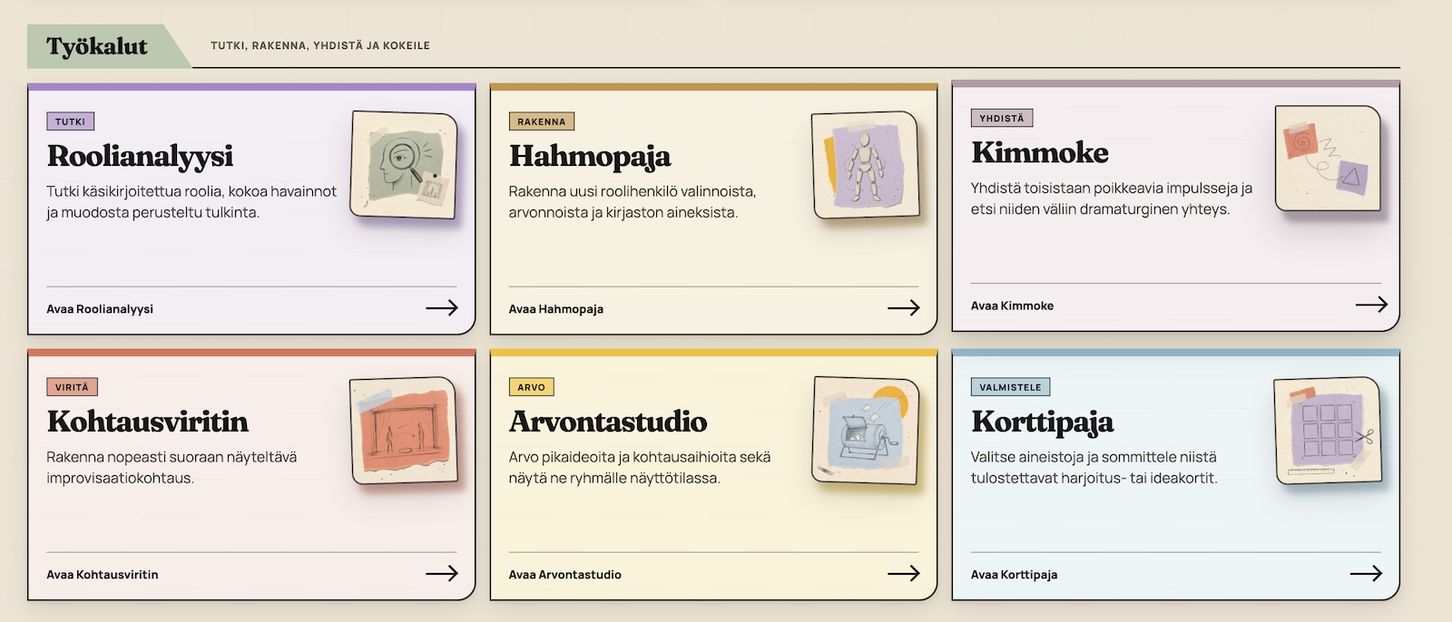 Luonnostamon hahmojen tai kohtausten työkalu käytössä